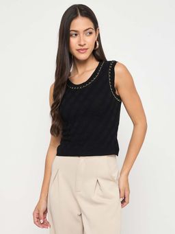 Madame - Black Chain Accented Sleeveless Knitted Top