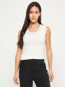 Madame - White Chain Accented Sleeveless Knitted Top