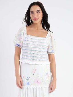 Madame - White Chiffon Smoking Contrast Threads Printed Top