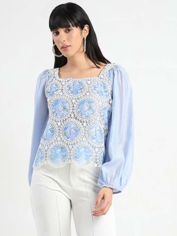 Madame - Powder Blue Printed Tencel Blend Crochet Top