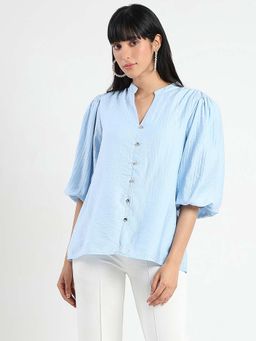 Madame - Blue Textured Rayon Blend Top