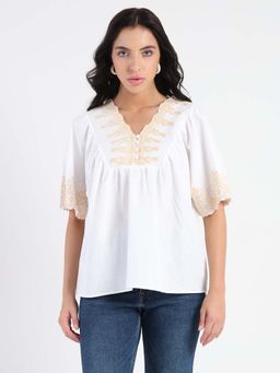 Madame - Off White Embroidered Detail Viscose Blend Top