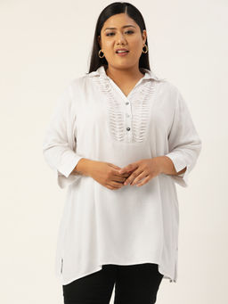 theRebelinme - Plus Size Womens White Solid Colour Shirt Collar Tunic Top