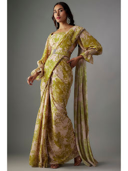 Vana Ethnics - Green Georgette Pre-Draped Saree and Belt with Stitched Blouse