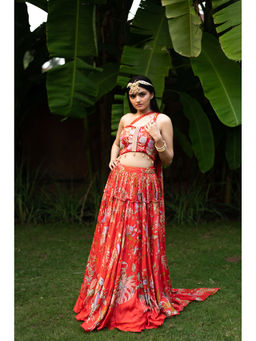 Vana Ethnics - Red Lehenga with Top and Attached Drape Dupatta (Set of 2)