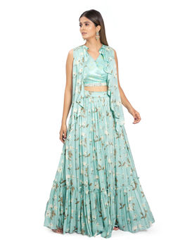 Vana Ethnics - Pleasant Turquoise Lehenga with Blouse and Jacket and Belt (Set of 4)
