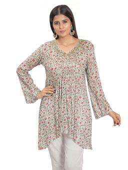 Vana Ethnics - Light Blue Printed Hand Embroidered Tunic