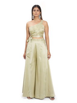 Vana Ethnics - Pastel Green Palazzo and Embroidered Bustier and Belt (Set of 3)