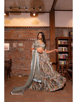 Vana Ethnics - Ash Grey Printed Lehenga with Blouse and Dupatta (Set of 3)