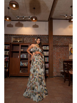 Vana Ethnics - Ash Grey Printed Blouse with Attach Dupatta and Lehenga and Belt (Set of 3)