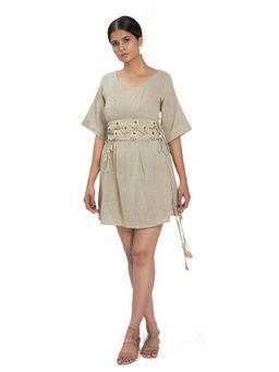 Vana Ethnics - Sustainable Green Cotton Dress with Belt (Set of 2)