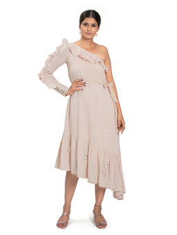 Vana Ethnics - Sustainable Pink Cotton One Shoulder Calf Length Dress with Belt (Set of 2)