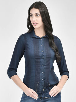 CRIMSOUNE CLUB - Women Navy Blue Striped Shirt