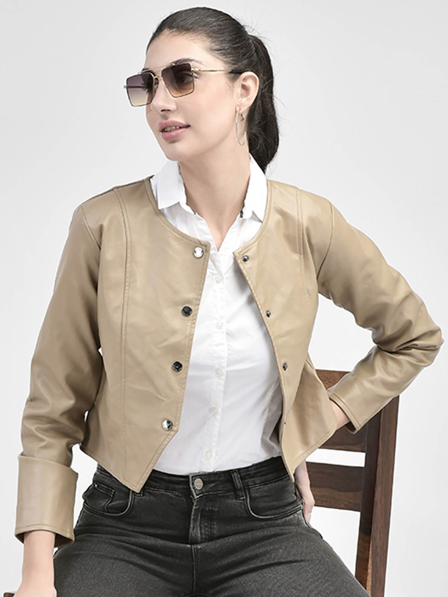 crimsoune club Women Beige PU Leather Crop Length Jacket-picture-27