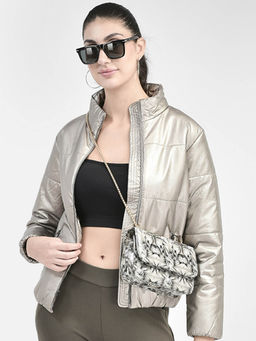 CRIMSOUNE CLUB - Women Grey PU Leather Jacket