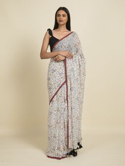 Suta - White Floral Printed Mul Cotton Saree