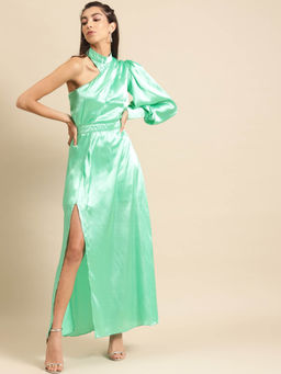 Dodo & Moa - Women Sea Green Solid Front Slit Maxi Dress with Satin Finish