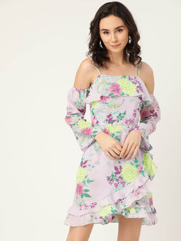 Dodo & Moa - Purple Yellow Floral Printed Crepe A-Line Dress