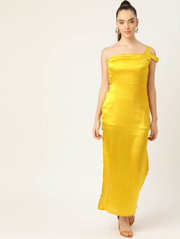 Dodo & Moa - Yellow Solid One Shoulder Satin Maxi Dress