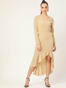 Dodo & Moa - Beige Solid Asymmetric Crepe A-Line Midi Dress
