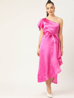 Dodo & Moa - Pink One Shoulder Layered Satin A-Line Maxi Dress (Set of 2)
