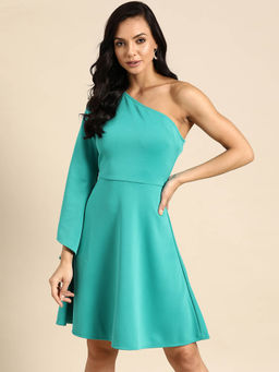 Dodo & Moa - Green One Shoulder Scuba A-Line Dress