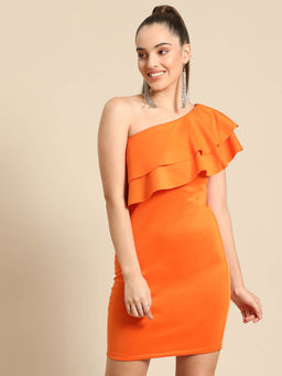 Dodo & Moa - Orange Solid One Shoulder Ruffled Scuba Sheath Dress