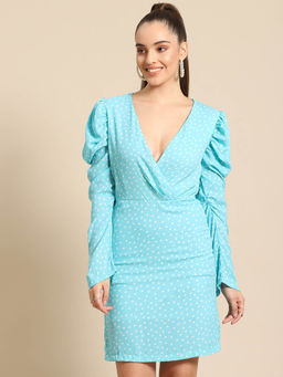 Dodo & Moa - Blue White Polka Dots Print Wrap Puff Sleeves Gathered Crepe Dress