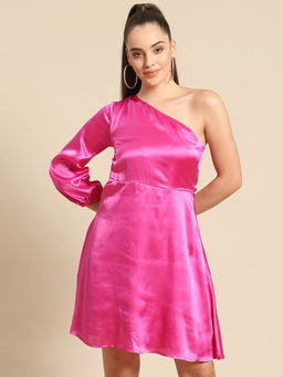 Dodo & Moa - Fuchsia Solid One Shoulder Satin Finish A-Line Dress