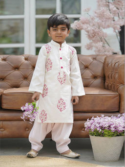 Fayon Kids - Off White Gotta Embroidery Jacket with Kurta and Dhoti (Set of 3)