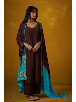 Doree By Rinkie - Women Crepe Brown Embellished Kurta with Pant and Dupatta