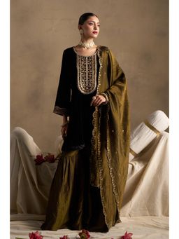 Doree By Rinkie - Women Polyester Green Embroidered Kurta with Sharara and Dupatta