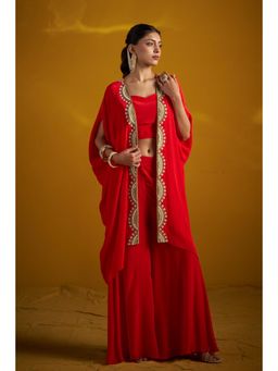 Doree By Rinkie - Women Georgette Red Embellished Cape with Inner and Palazzo