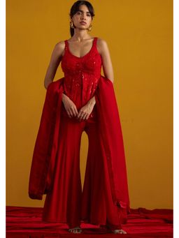 Doree By Rinkie - Women Georgette Red Embroidered Kurta with Sharara and Dupatta