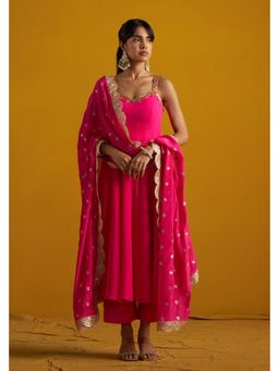 Doree By Rinkie - Women Georgette Pink Embellished Anarkali Kurta with Pant and Dupatta