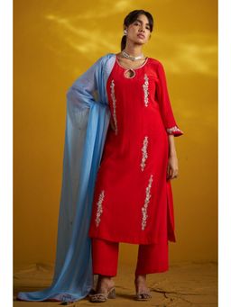 Doree By Rinkie - Women Crepe Red Embellished Kurta with Pant and Dupatta