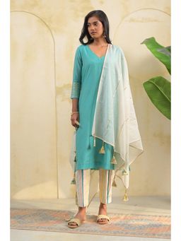 Doree By Rinkie - Women Chwitheri Teal Embellished Kurta with Pant and Dupatta
