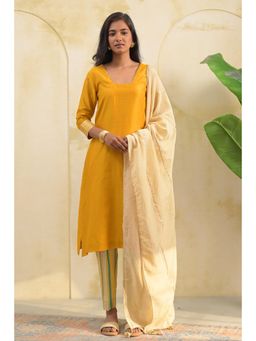 Doree By Rinkie - Women Chwitheri Mustard Stripes Kurta with Pant and Dupatta
