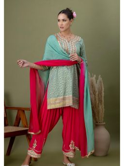 Doree By Rinkie - Women Brocade Green Embellished Kurta with Pant and Dupatta