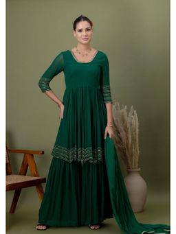 Doree By Rinkie - Women Georgette Green Embellished Anarkali Kurta with Sharara and Dupatta