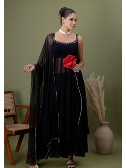 Doree By Rinkie - Women Georgette Black Embellished Anarkali Kurta with Pant and Dupatta