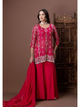 Doree By Rinkie - Women Polyester Red Embellished Kurta with Sharara and Dupatta