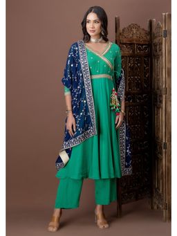 Doree By Rinkie - Women Georgette Green Embellished Kurta with Pant and Dupatta