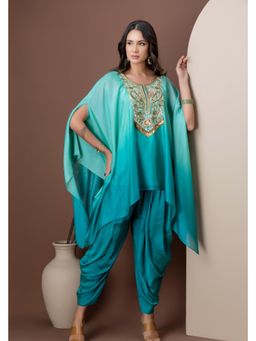 Doree By Rinkie - Women Chinon Teal Embroidered Kaftan with Dhoti