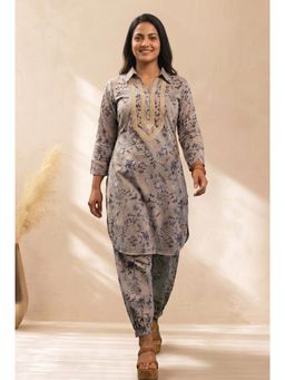 Doree By Rinkie - Women Linen Blue Embellished Kurta with Pant