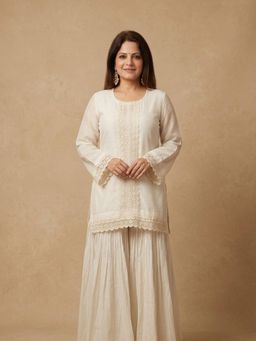 Doree By Rinkie - Women Cotton White Embroidered Kurta with Sharara