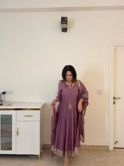 Doree By Rinkie - Women Chwitheri Silk Mauve Embellished Anarkali Kurta with Pant and Dupatta