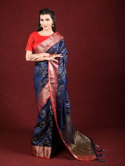 EXCLUSIVA - Navy Blue Banarasi Blended Silk Woven Saree Zari Work with Unstitched Blouse