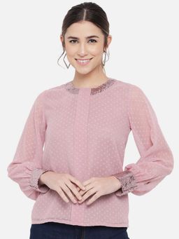 ALL WAYS YOU - Pink Swiss Dot Georgette Embellished Top