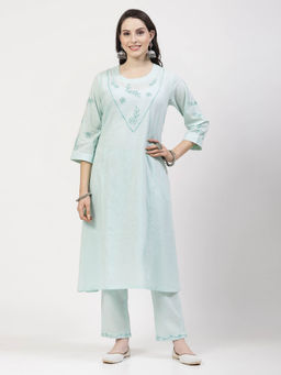 DART STUDIO - Hand Mirror Work Chanderi Blue Kurta With Pant (Set of 2)